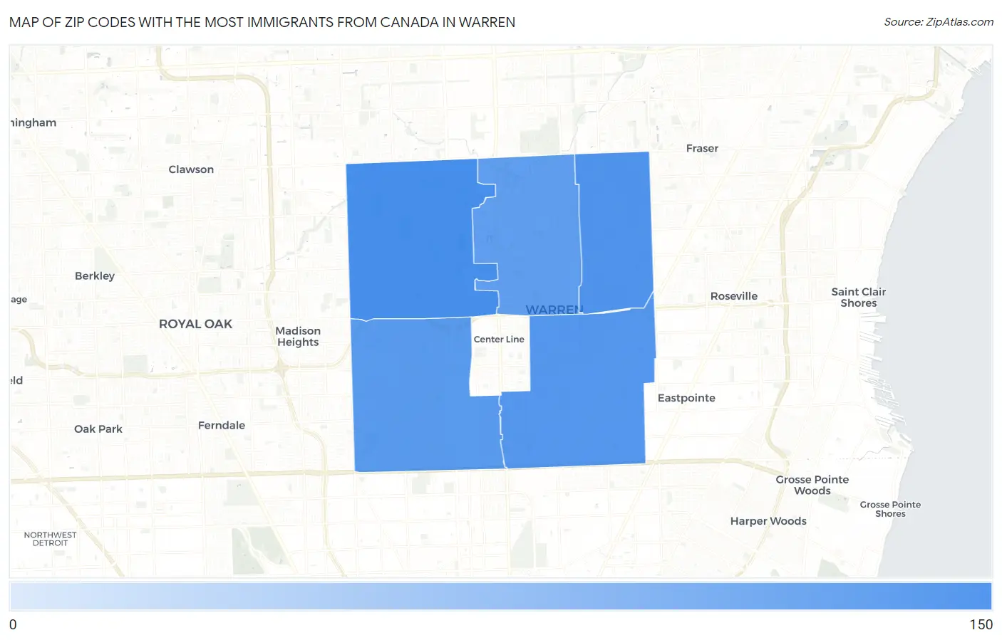 Zip Codes with the Most Immigrants from Canada in Warren Map