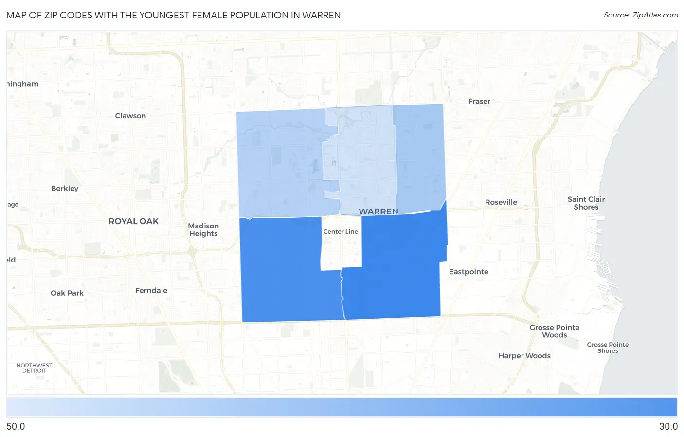 Zip Codes with the Youngest Female Population in Warren Map