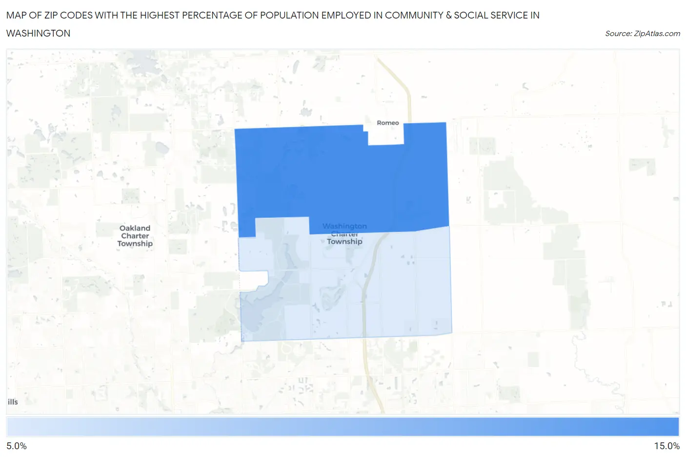 Zip Codes with the Highest Percentage of Population Employed in Community & Social Service  in Washington Map