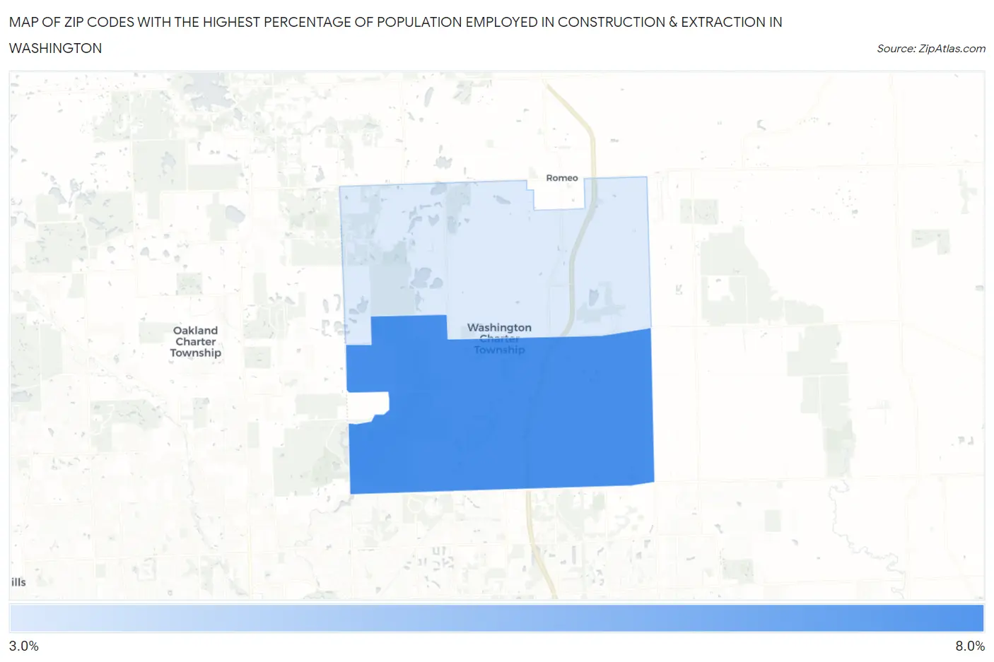 Zip Codes with the Highest Percentage of Population Employed in Construction & Extraction in Washington Map
