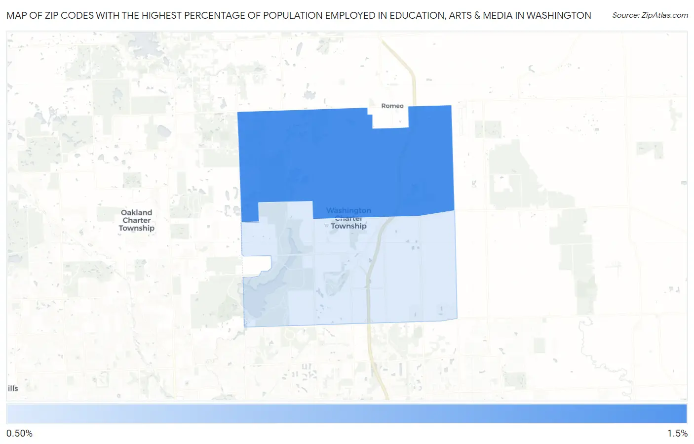 Zip Codes with the Highest Percentage of Population Employed in Education, Arts & Media in Washington Map