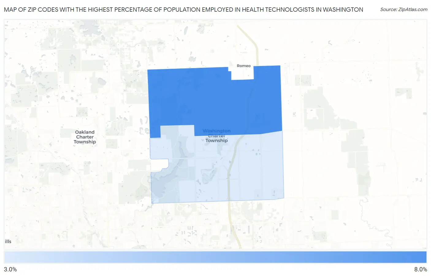Zip Codes with the Highest Percentage of Population Employed in Health Technologists in Washington Map