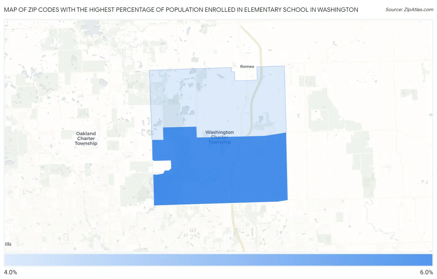 Zip Codes with the Highest Percentage of Population Enrolled in Elementary School in Washington Map