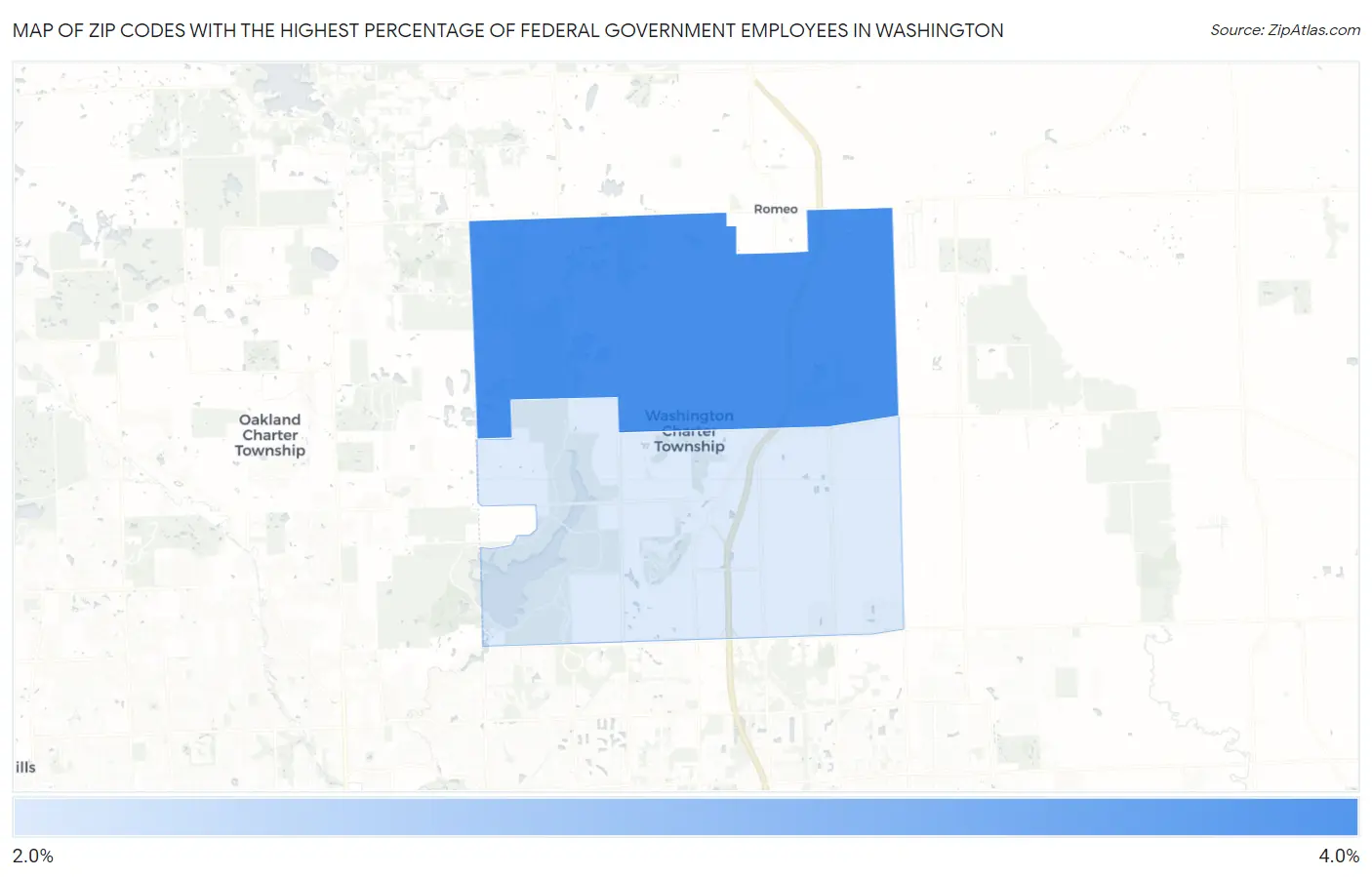 Zip Codes with the Highest Percentage of Federal Government Employees in Washington Map