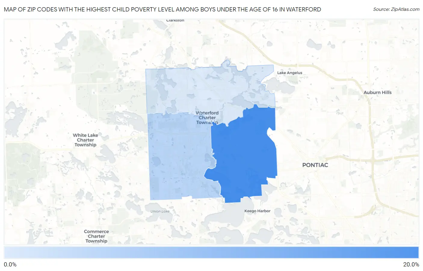 Zip Codes with the Highest Child Poverty Level Among Boys Under the Age of 16 in Waterford Map