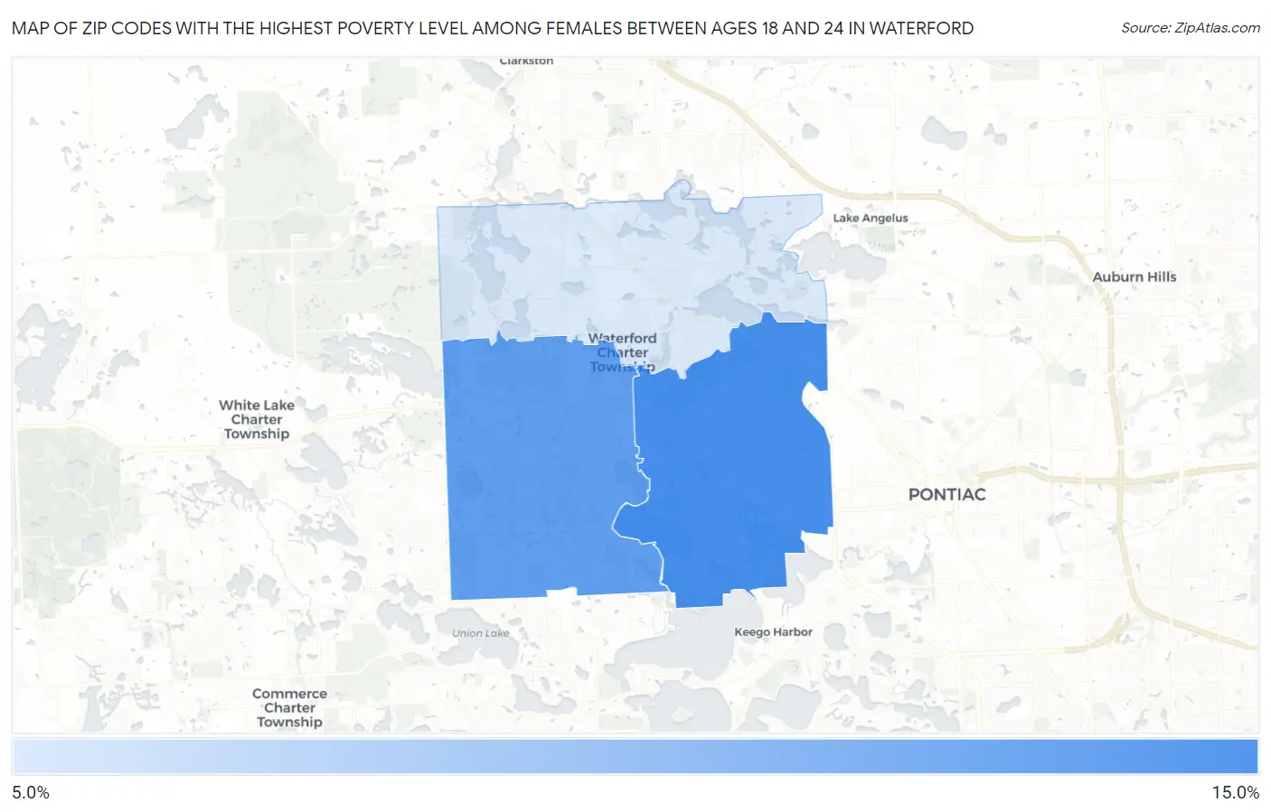 Zip Codes with the Highest Poverty Level Among Females Between Ages 18 and 24 in Waterford Map