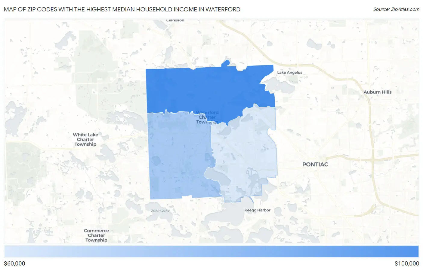 Zip Codes with the Highest Median Household Income in Waterford Map