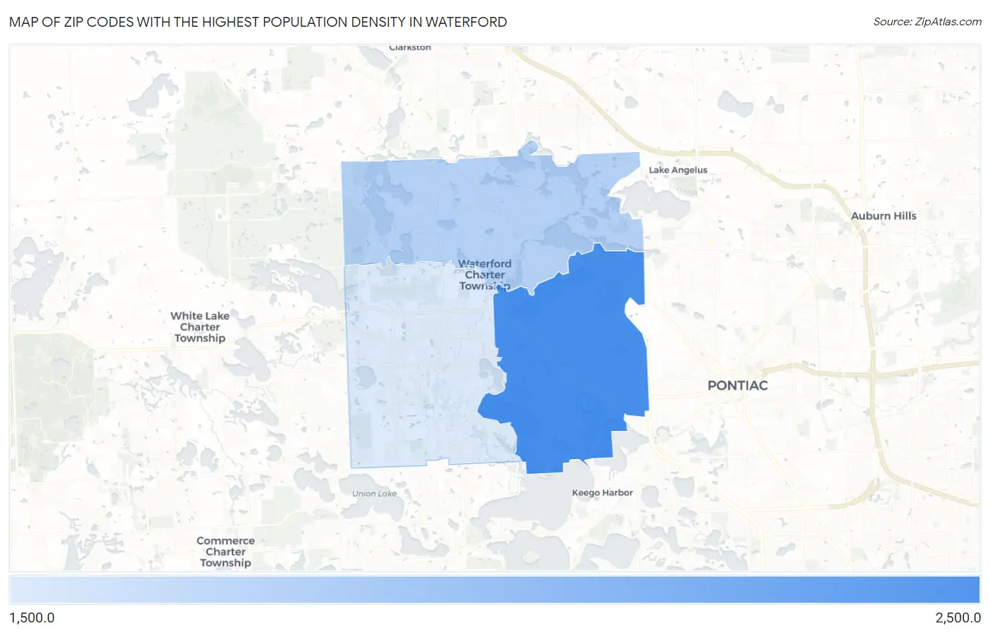 Zip Codes with the Highest Population Density in Waterford Map