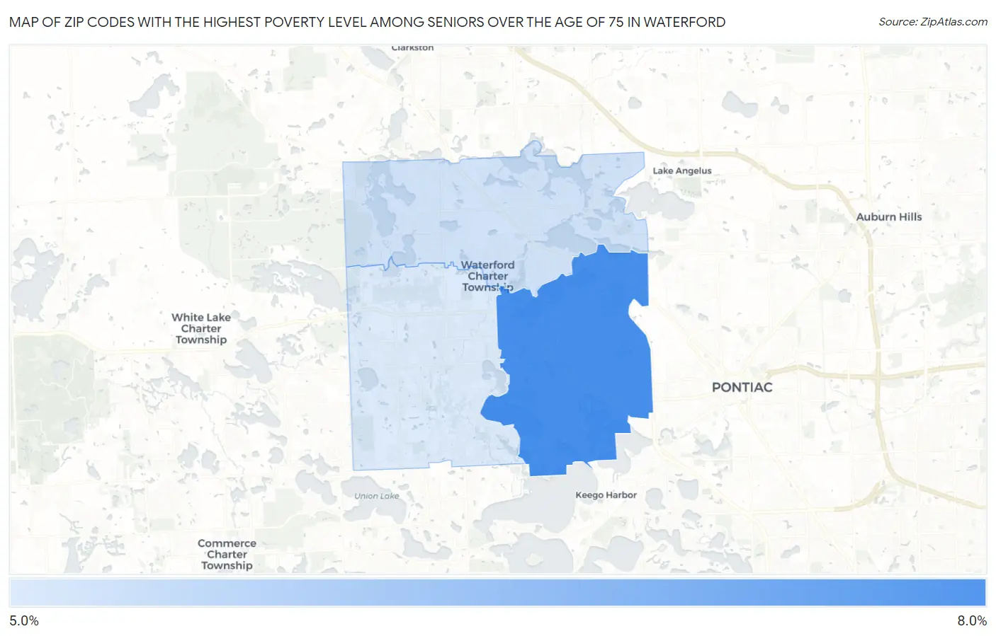 Zip Codes with the Highest Poverty Level Among Seniors Over the Age of 75 in Waterford Map