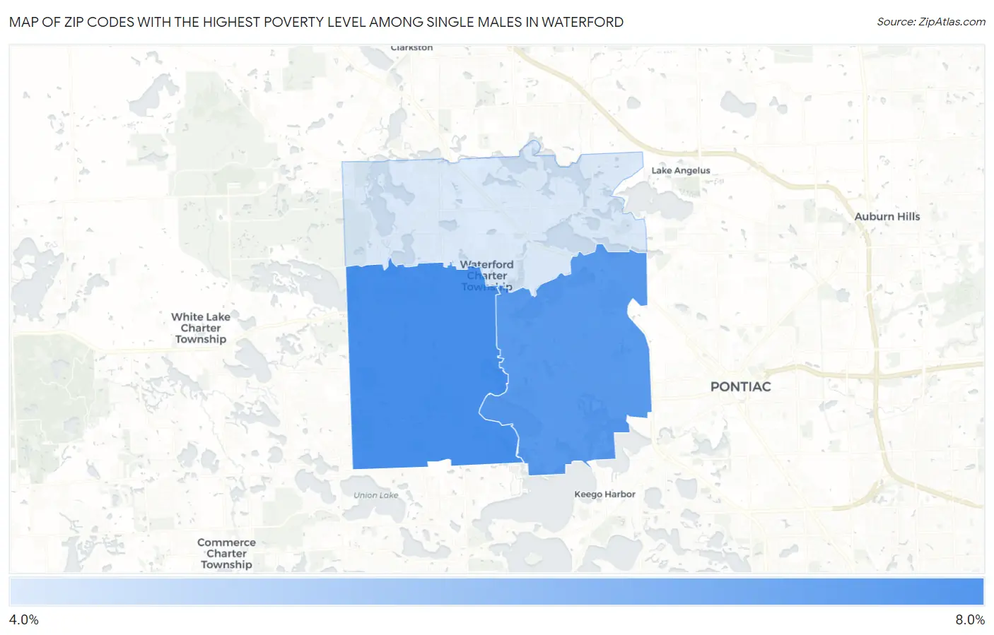 Zip Codes with the Highest Poverty Level Among Single Males in Waterford Map