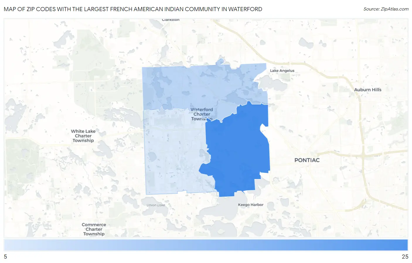 Zip Codes with the Largest French American Indian Community in Waterford Map