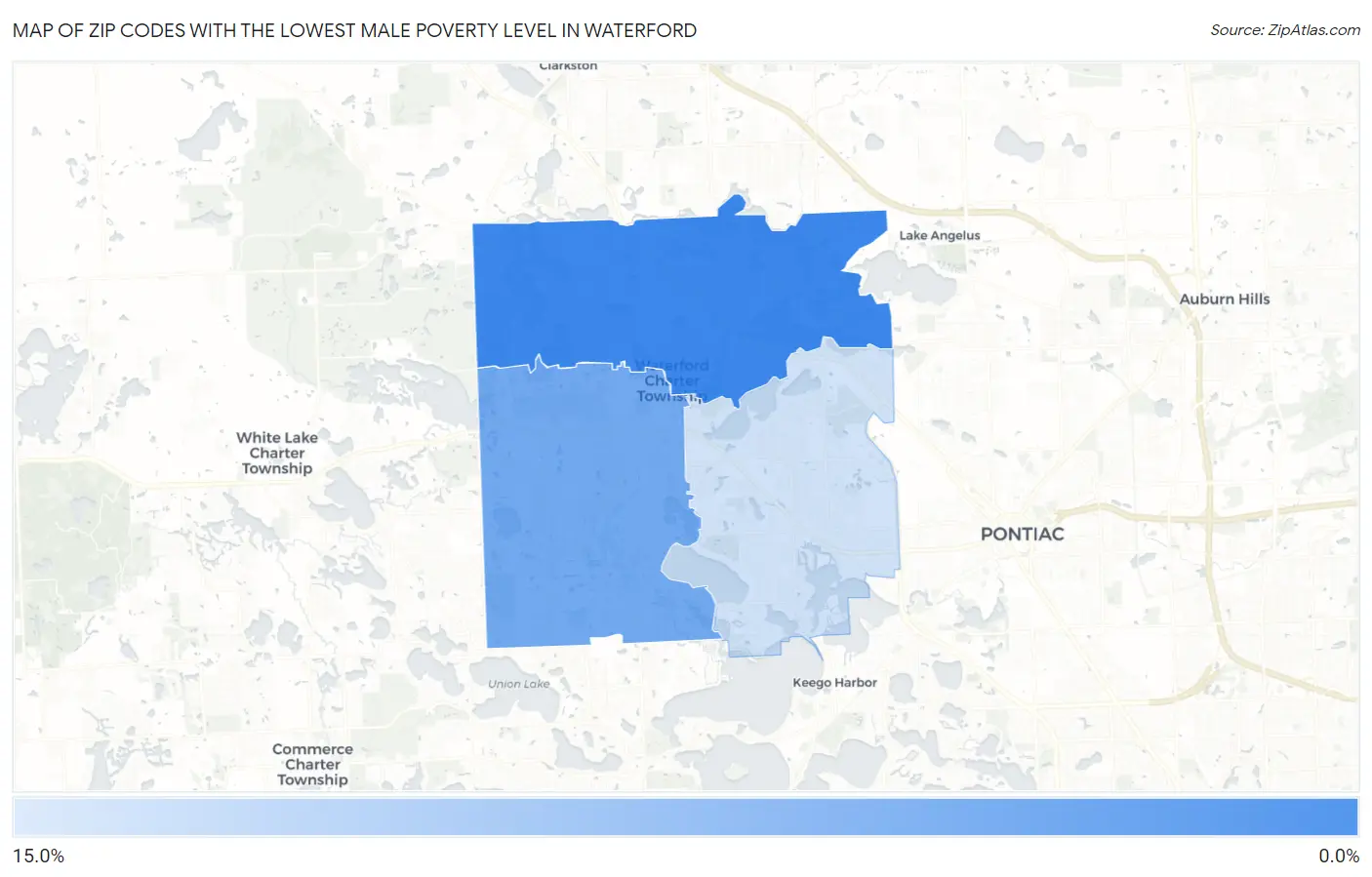 Zip Codes with the Lowest Male Poverty Level in Waterford Map