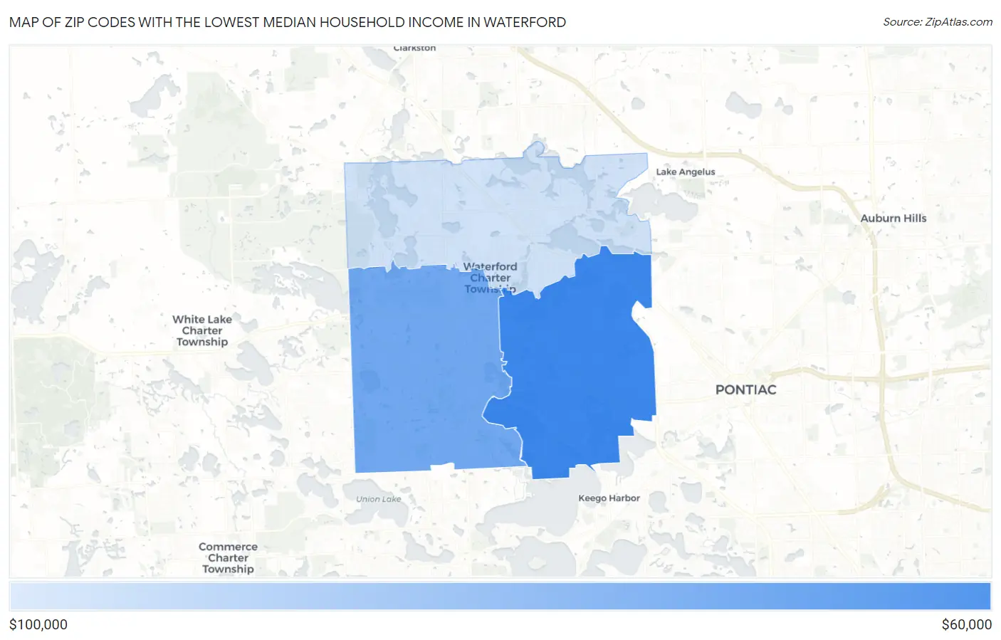 Zip Codes with the Lowest Median Household Income in Waterford Map