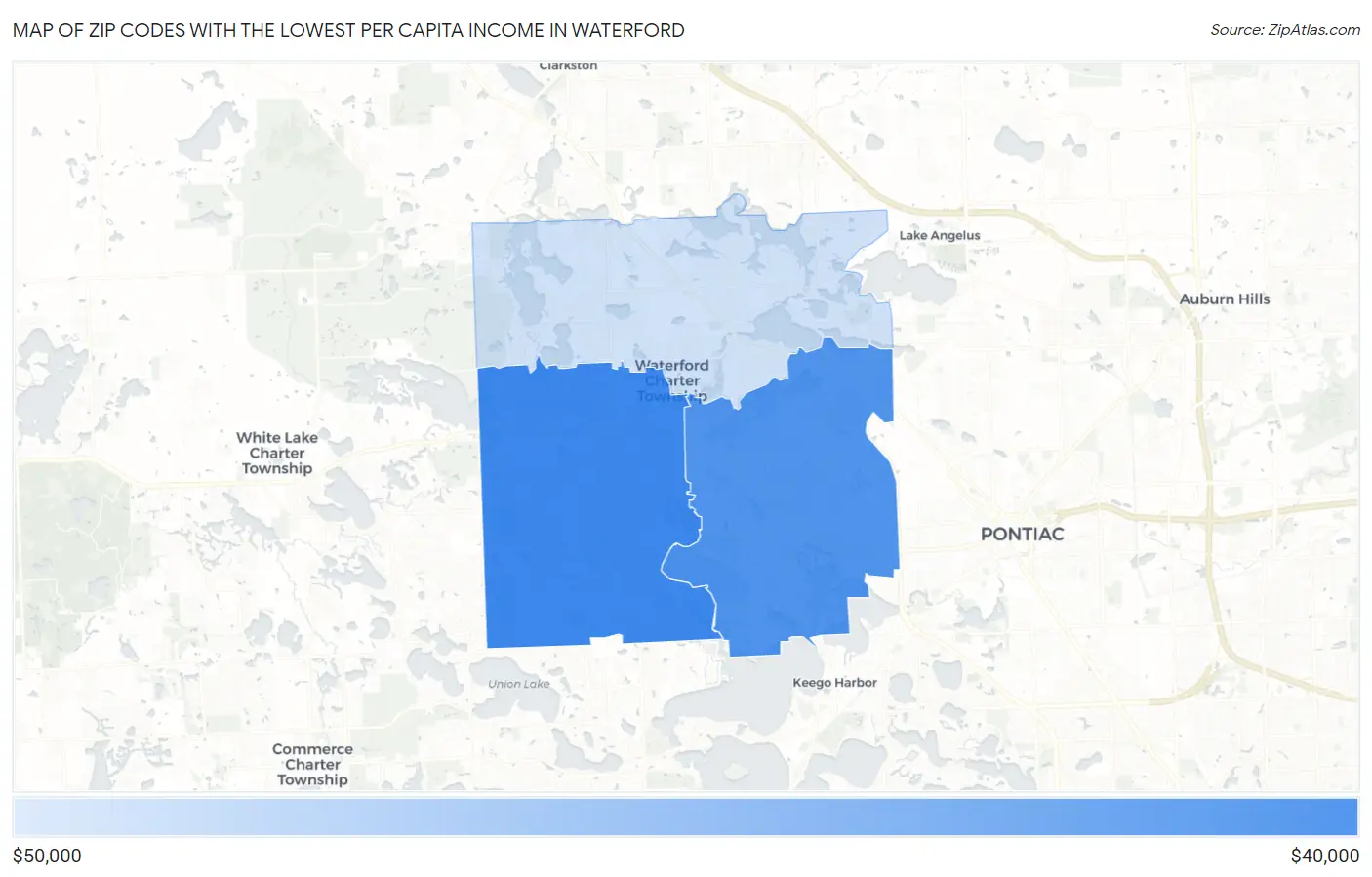 Zip Codes with the Lowest Per Capita Income in Waterford Map