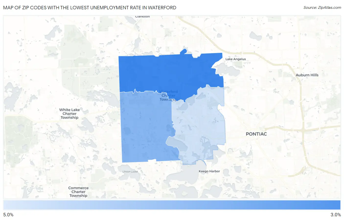 Zip Codes with the Lowest Unemployment Rate in Waterford Map