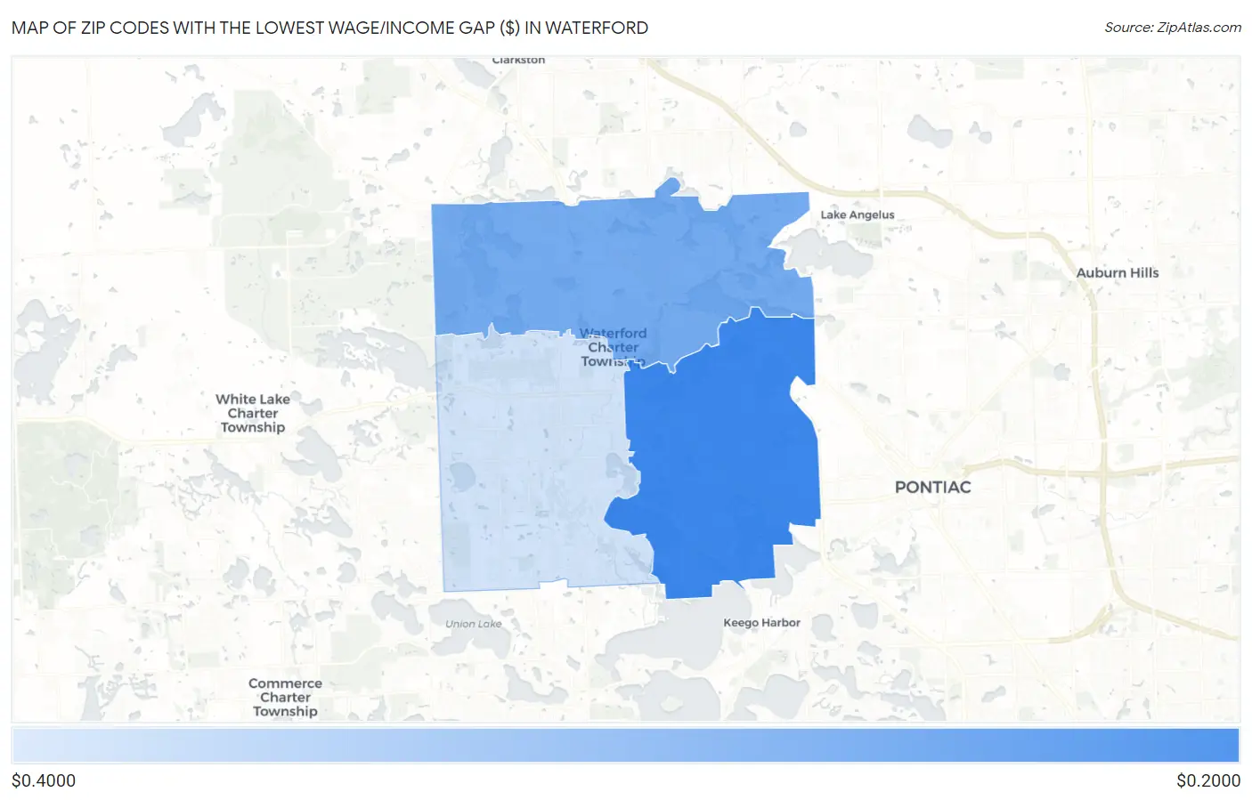 Zip Codes with the Lowest Wage/Income Gap ($) in Waterford Map