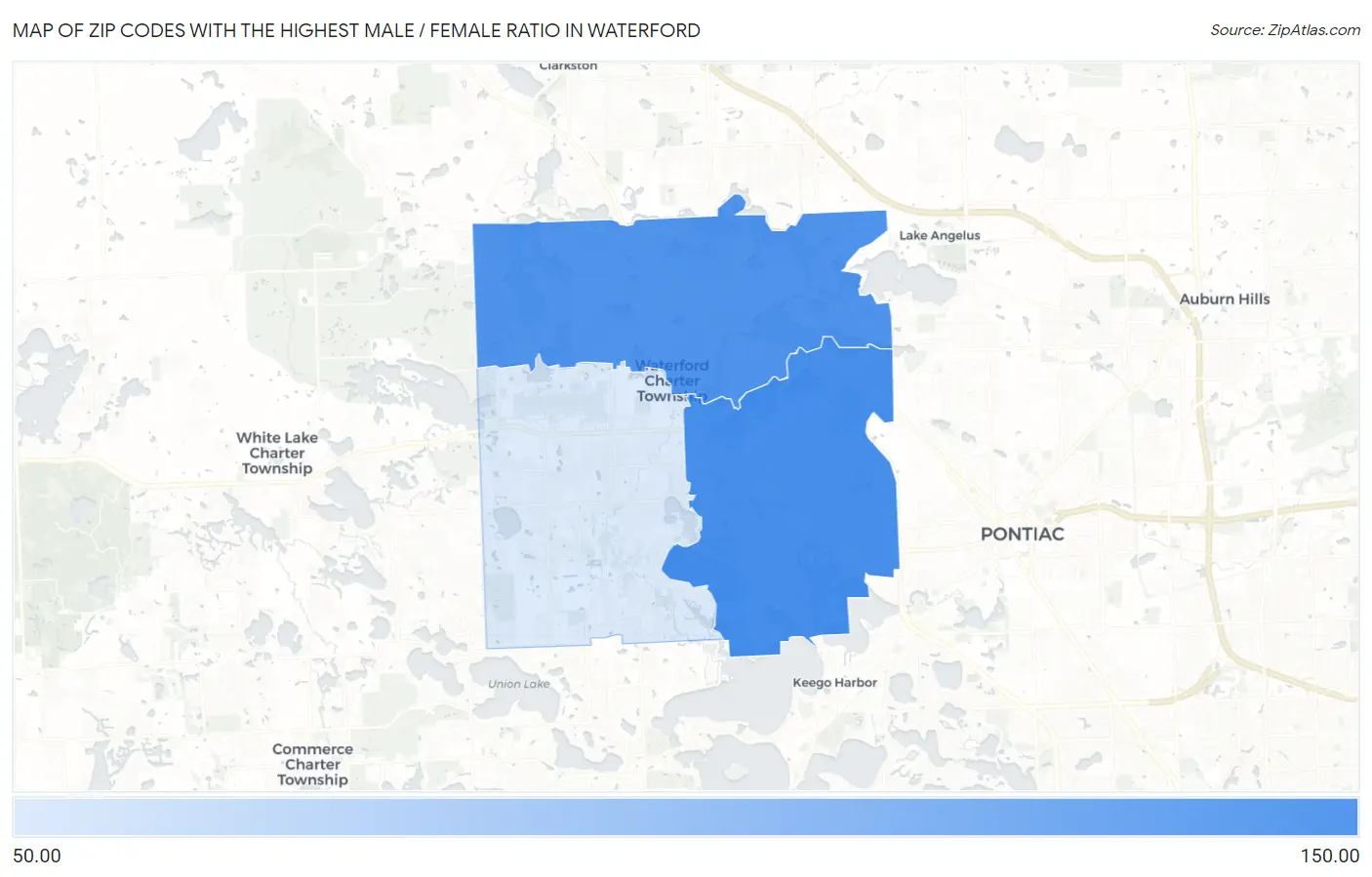 Zip Codes with the Highest Male / Female Ratio in Waterford Map