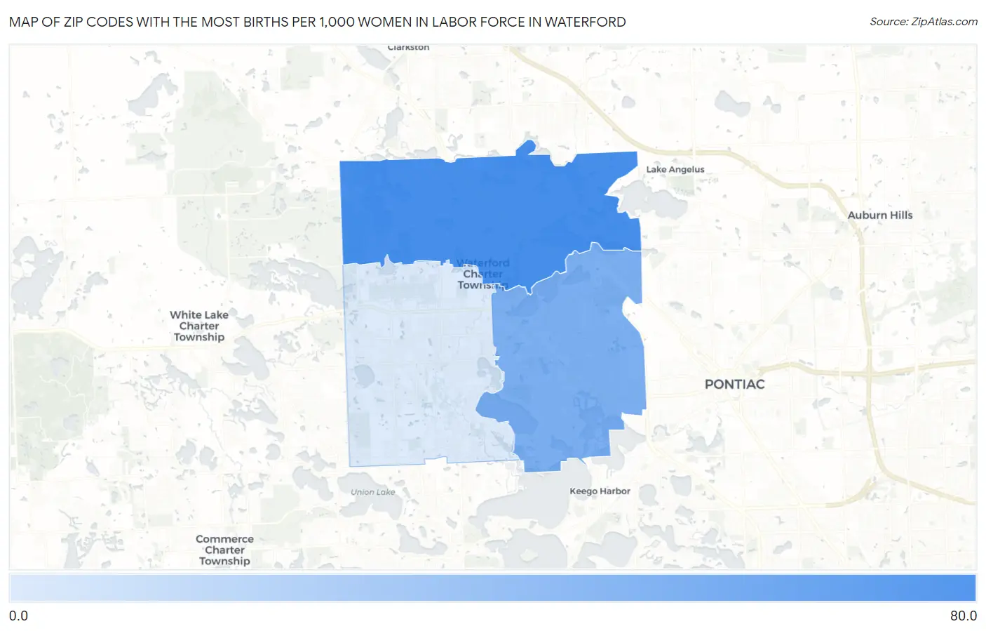 Zip Codes with the Most Births per 1,000 Women in Labor Force in Waterford Map