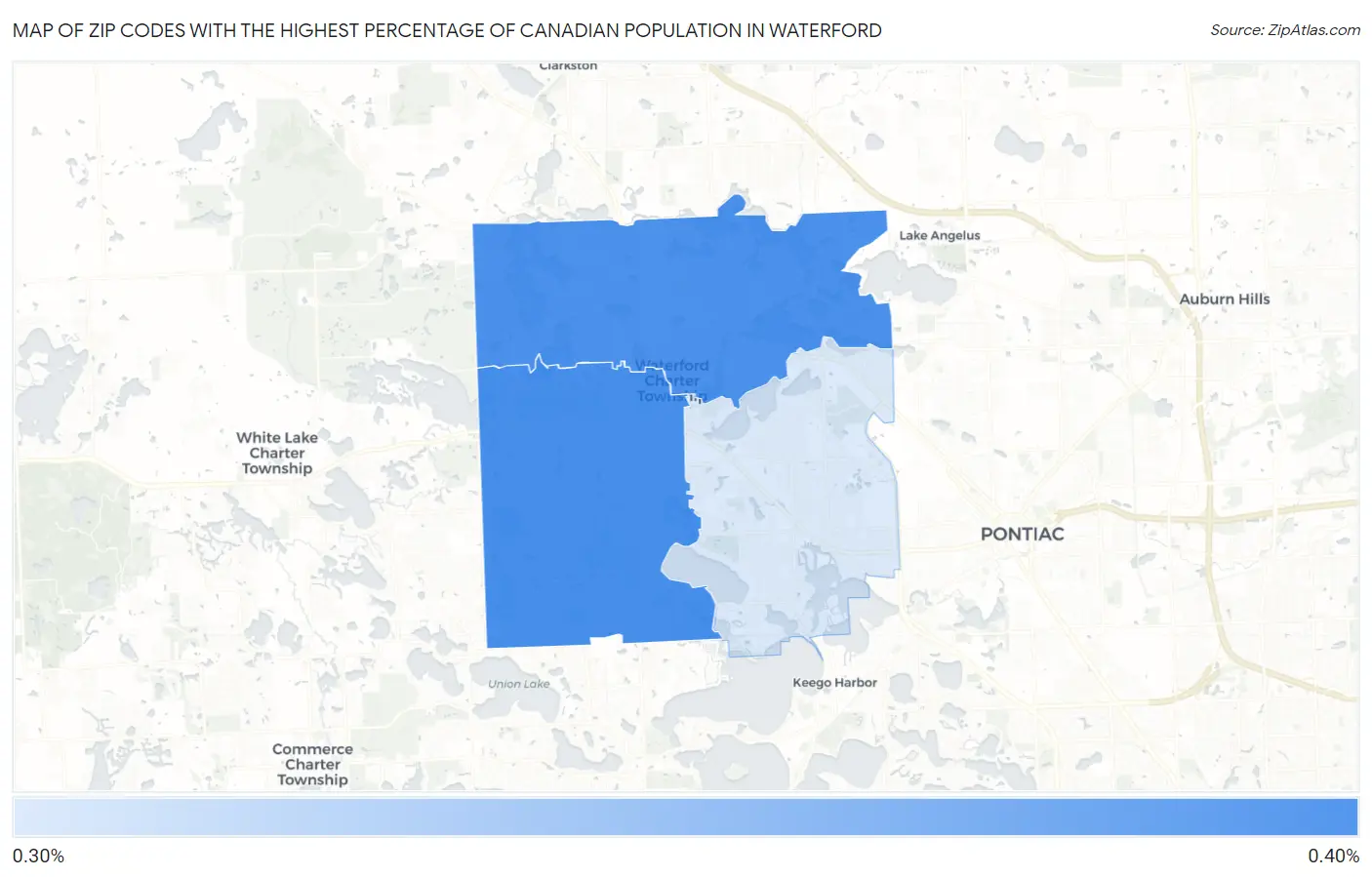 Zip Codes with the Highest Percentage of Canadian Population in Waterford Map