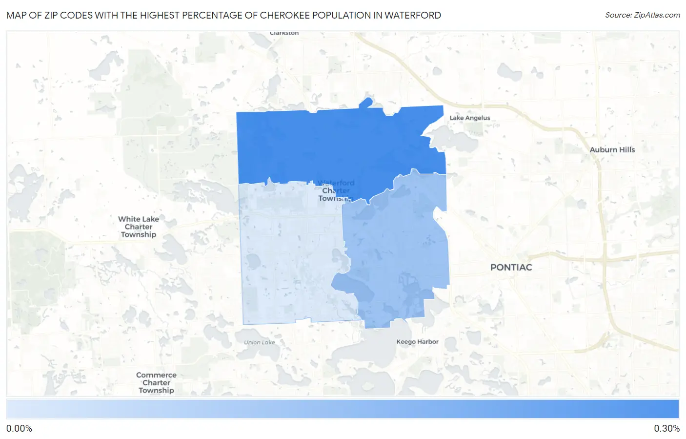 Zip Codes with the Highest Percentage of Cherokee Population in Waterford Map