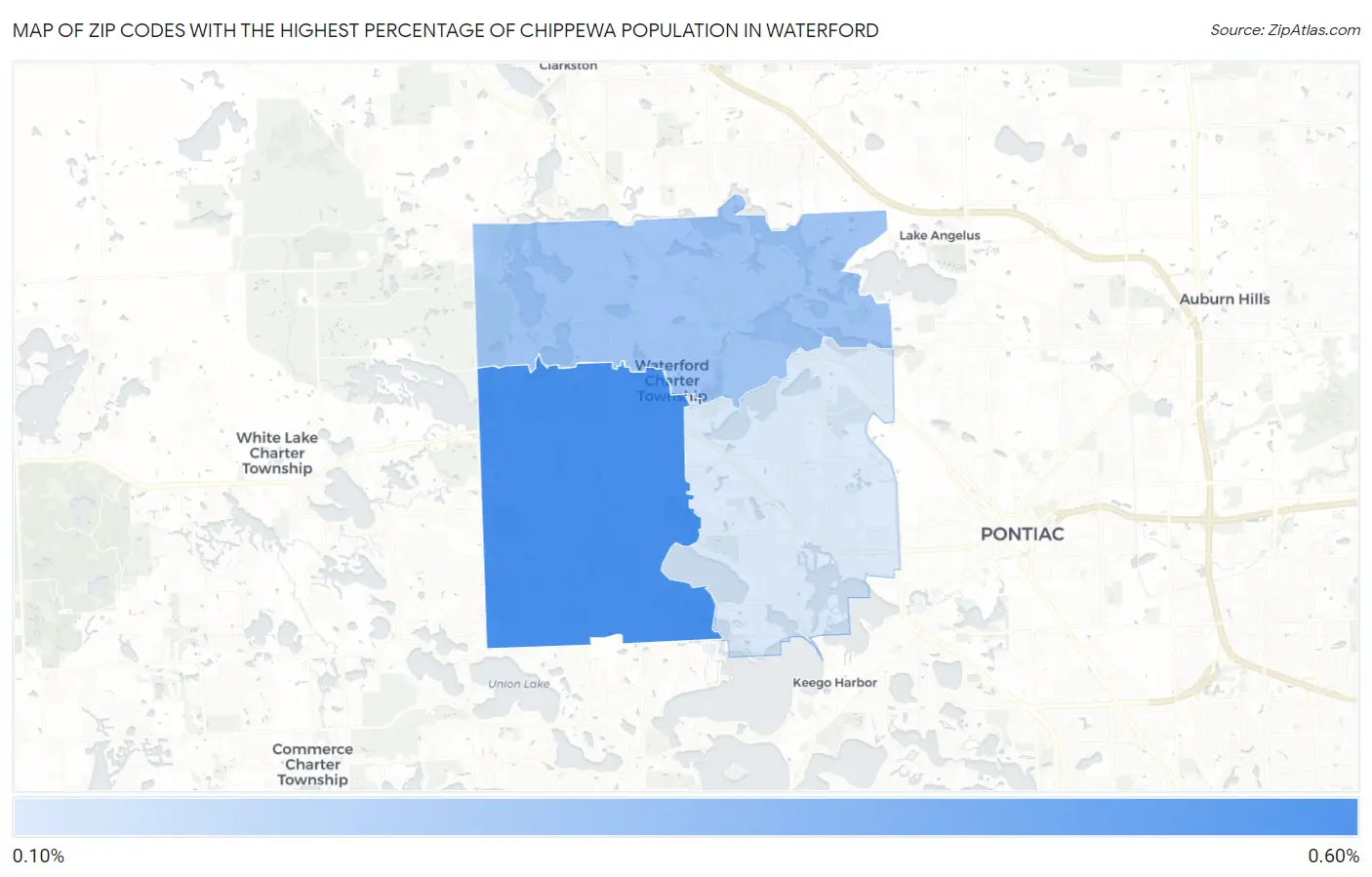 Zip Codes with the Highest Percentage of Chippewa Population in Waterford Map