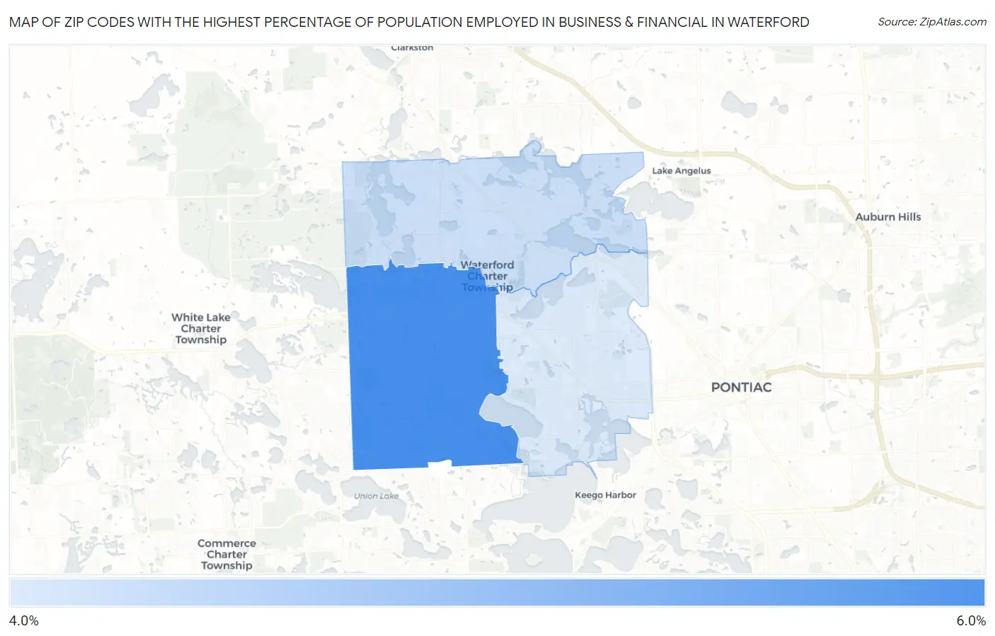 Zip Codes with the Highest Percentage of Population Employed in Business & Financial in Waterford Map