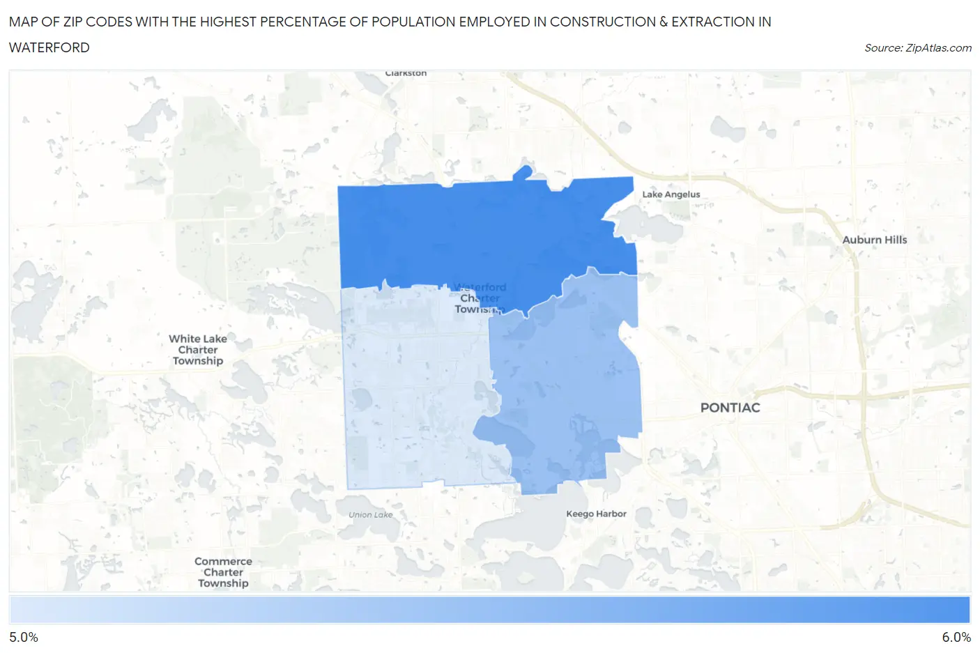 Zip Codes with the Highest Percentage of Population Employed in Construction & Extraction in Waterford Map
