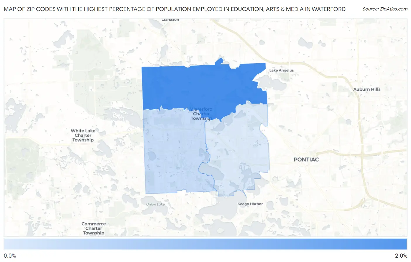 Zip Codes with the Highest Percentage of Population Employed in Education, Arts & Media in Waterford Map