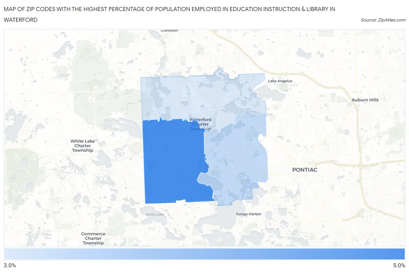 Zip Codes with the Highest Percentage of Population Employed in Education Instruction & Library in Waterford Map