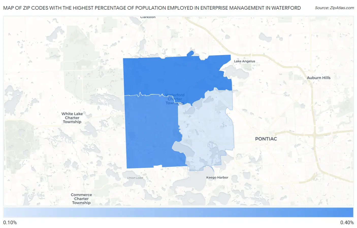 Zip Codes with the Highest Percentage of Population Employed in Enterprise Management in Waterford Map