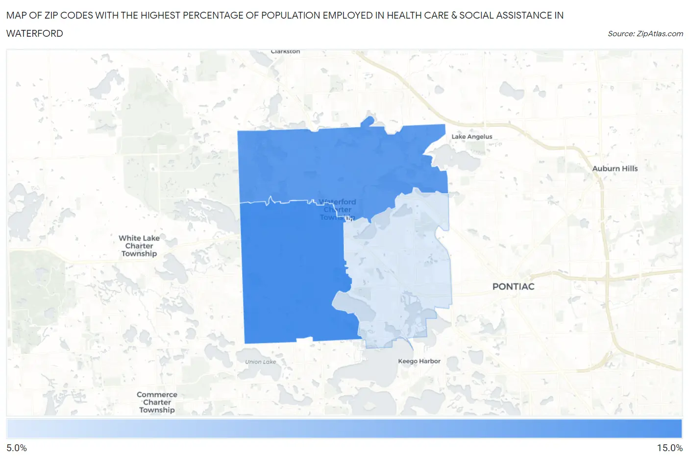 Zip Codes with the Highest Percentage of Population Employed in Health Care & Social Assistance in Waterford Map