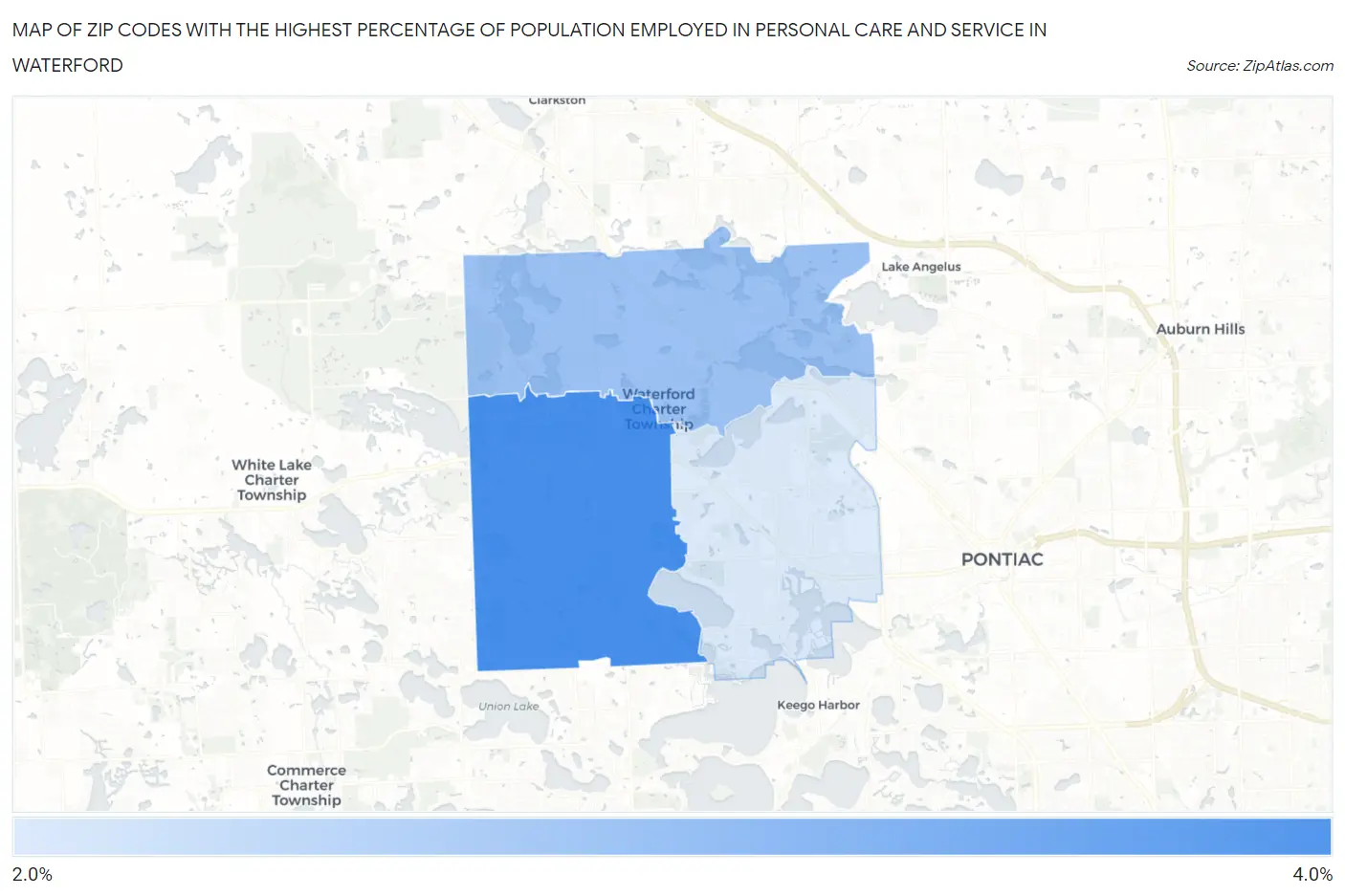 Zip Codes with the Highest Percentage of Population Employed in Personal Care and Service in Waterford Map