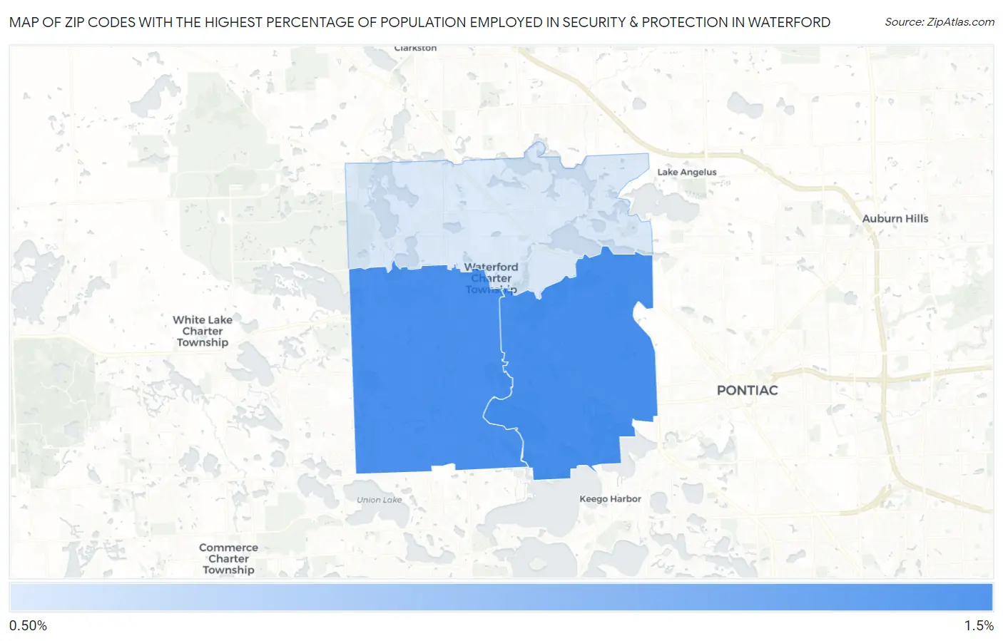 Zip Codes with the Highest Percentage of Population Employed in Security & Protection in Waterford Map