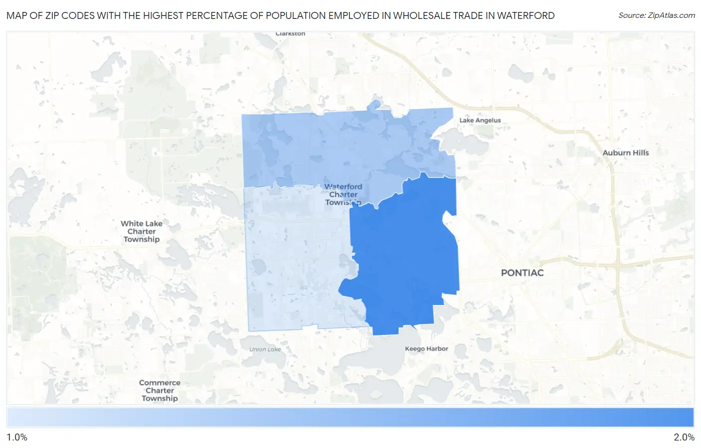 Zip Codes with the Highest Percentage of Population Employed in Wholesale Trade in Waterford Map
