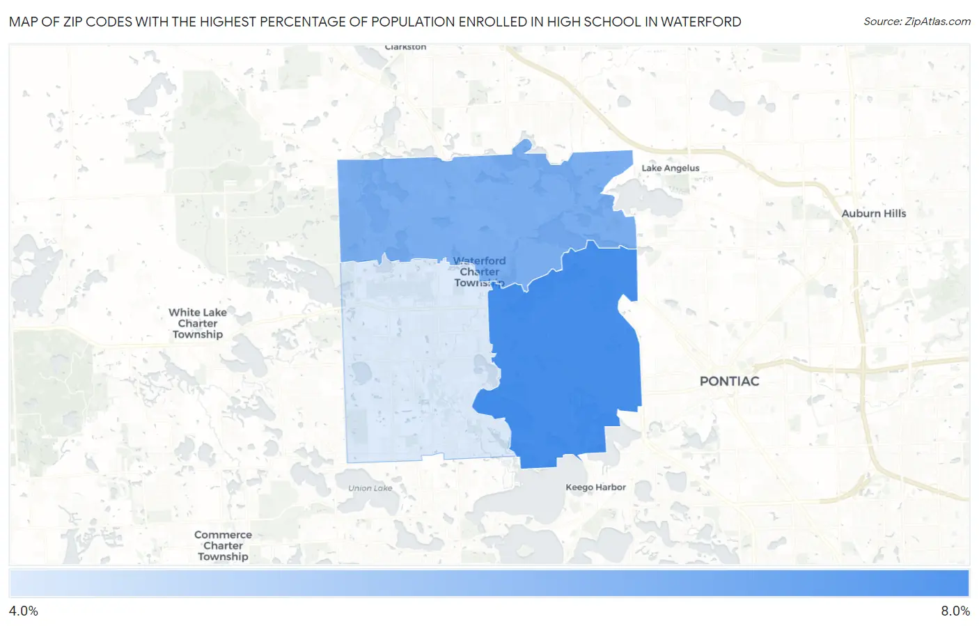 Zip Codes with the Highest Percentage of Population Enrolled in High School in Waterford Map
