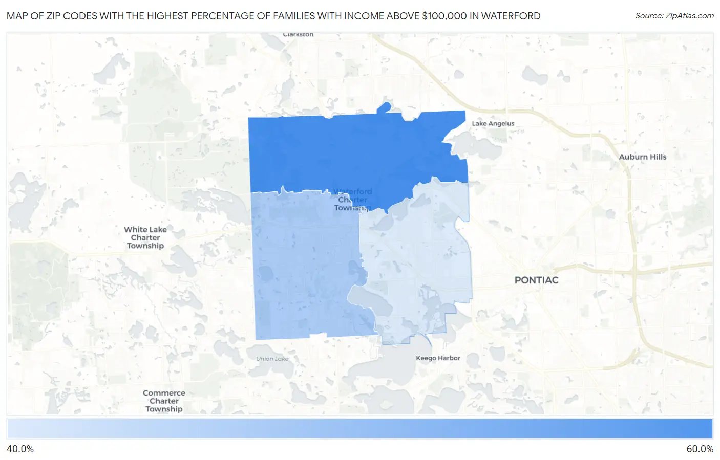 Zip Codes with the Highest Percentage of Families with Income Above $100,000 in Waterford Map