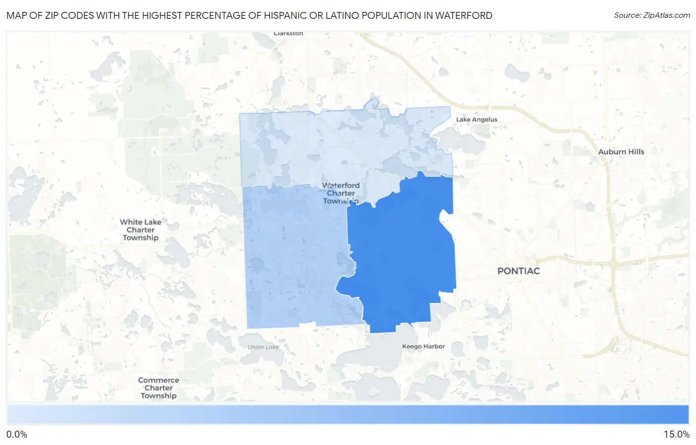 Zip Codes with the Highest Percentage of Hispanic or Latino Population in Waterford Map