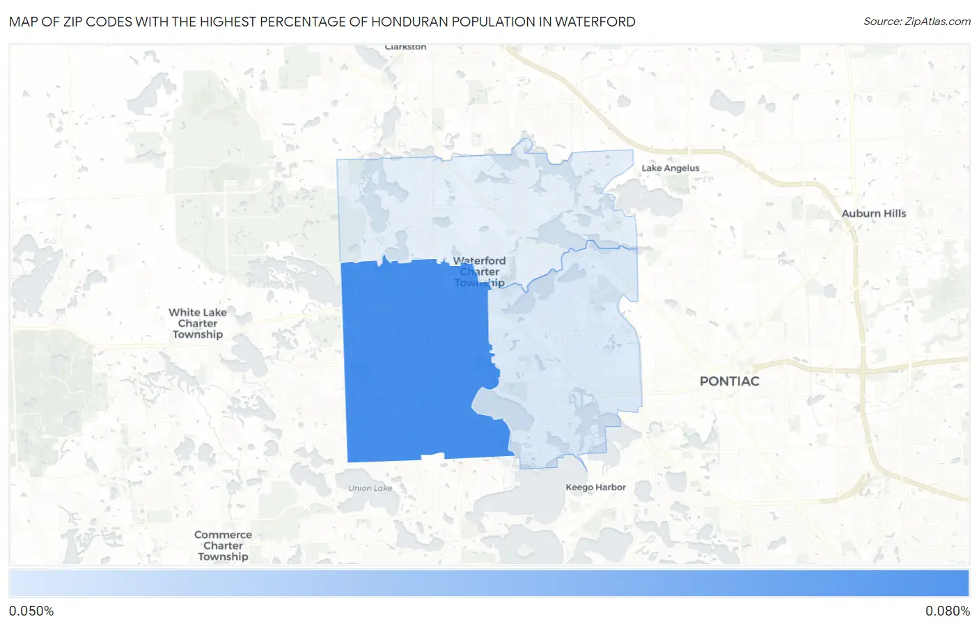 Zip Codes with the Highest Percentage of Honduran Population in Waterford Map