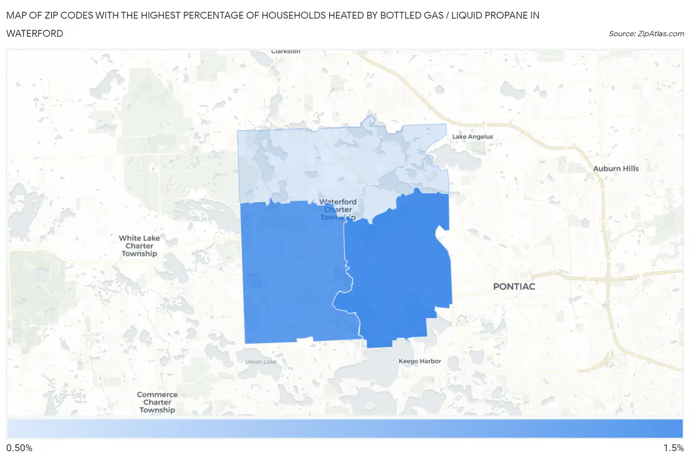 Zip Codes with the Highest Percentage of Households Heated by Bottled Gas / Liquid Propane in Waterford Map