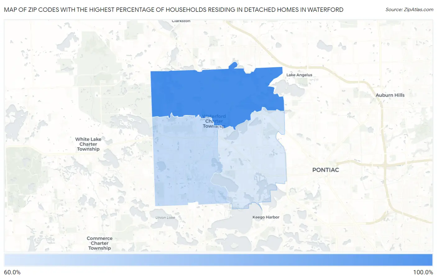 Zip Codes with the Highest Percentage of Households Residing in Detached Homes in Waterford Map