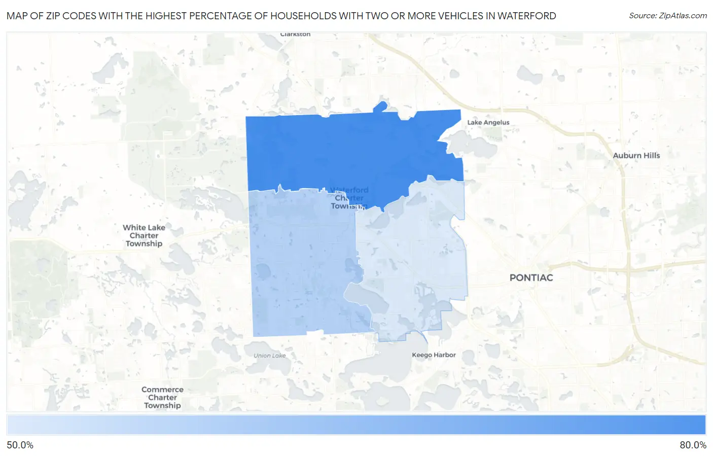 Zip Codes with the Highest Percentage of Households With Two or more Vehicles in Waterford Map