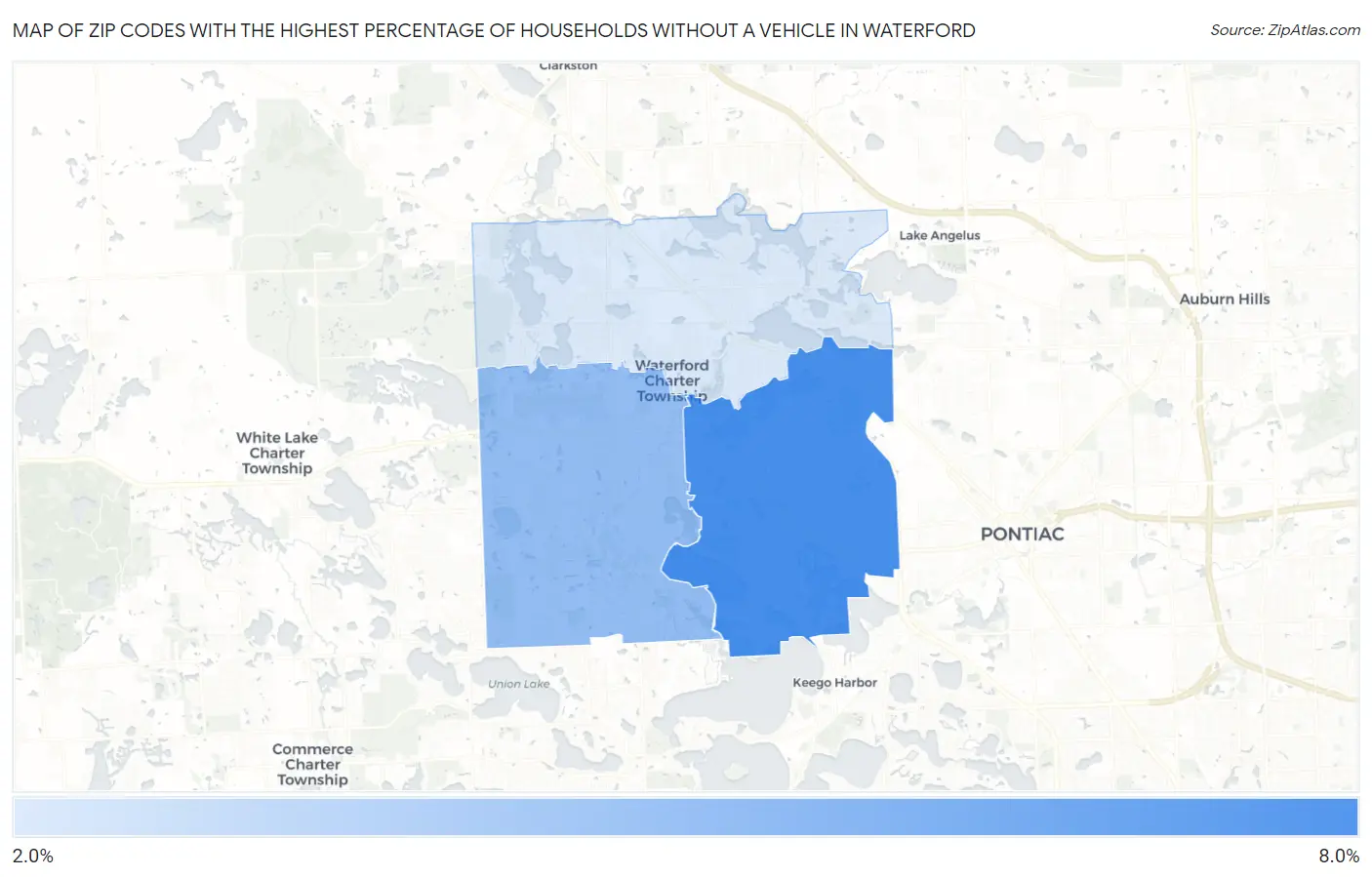 Zip Codes with the Highest Percentage of Households Without a Vehicle in Waterford Map