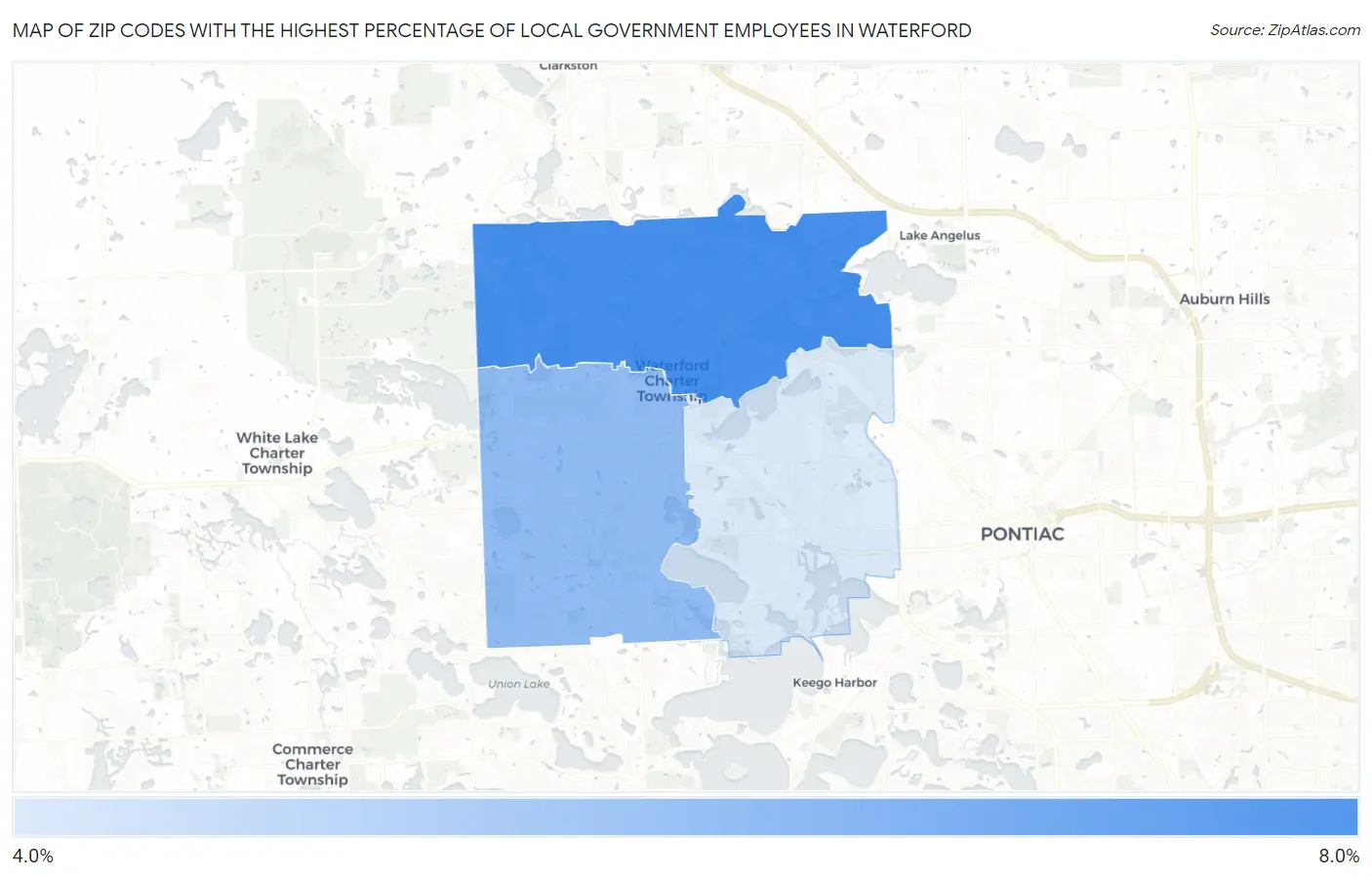 Zip Codes with the Highest Percentage of Local Government Employees in Waterford Map