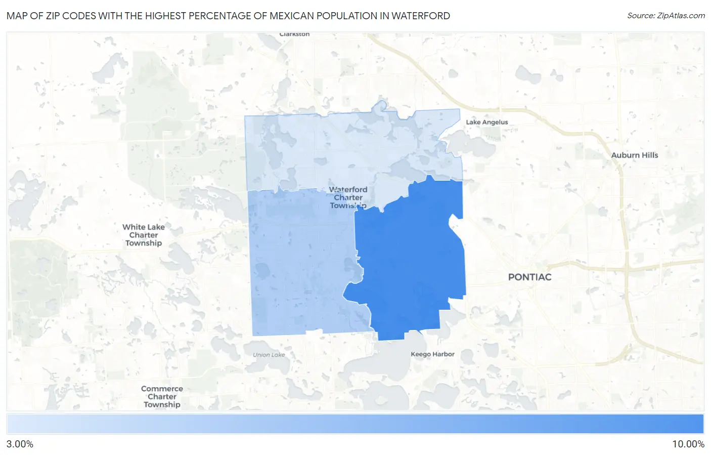 Zip Codes with the Highest Percentage of Mexican Population in Waterford Map