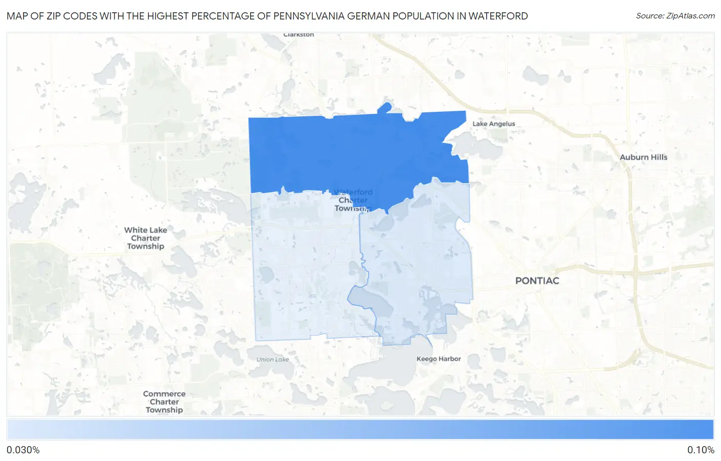 Zip Codes with the Highest Percentage of Pennsylvania German Population in Waterford Map