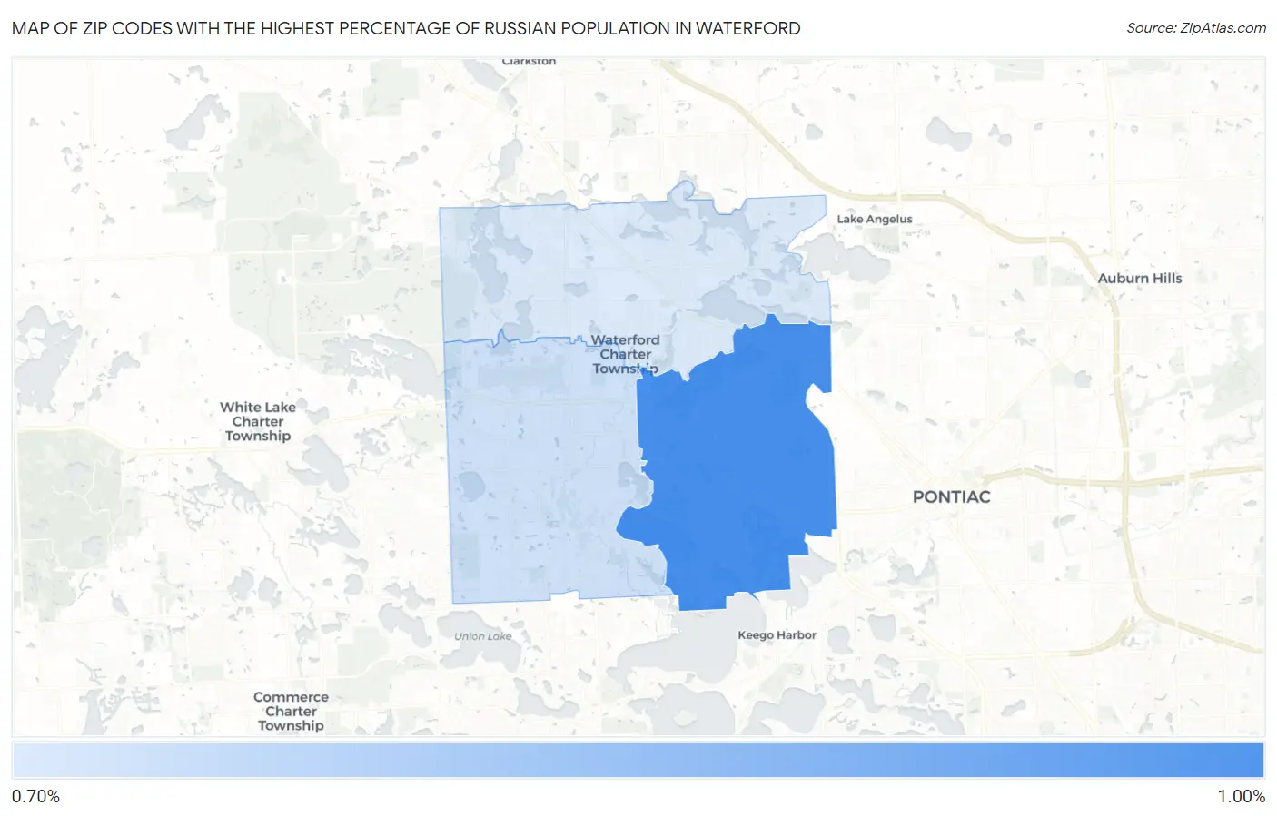 Zip Codes with the Highest Percentage of Russian Population in Waterford Map