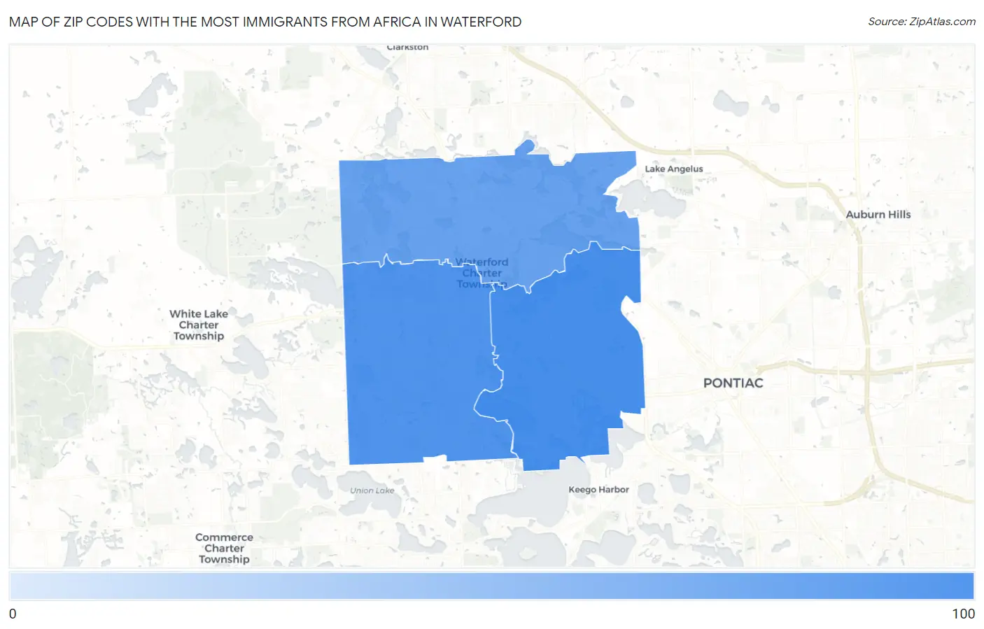 Zip Codes with the Most Immigrants from Africa in Waterford Map