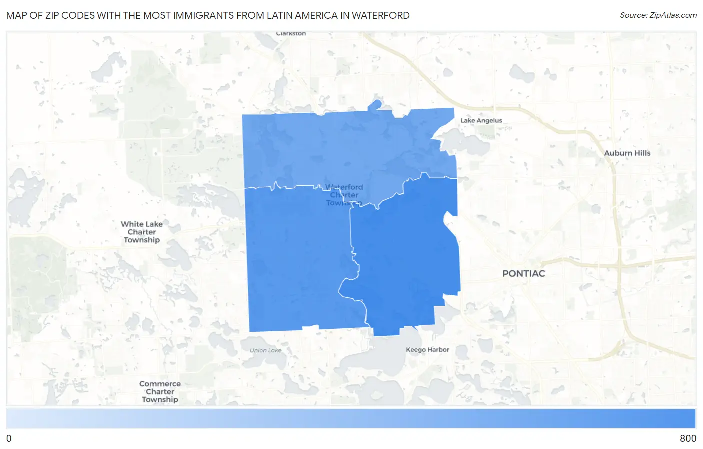 Zip Codes with the Most Immigrants from Latin America in Waterford Map