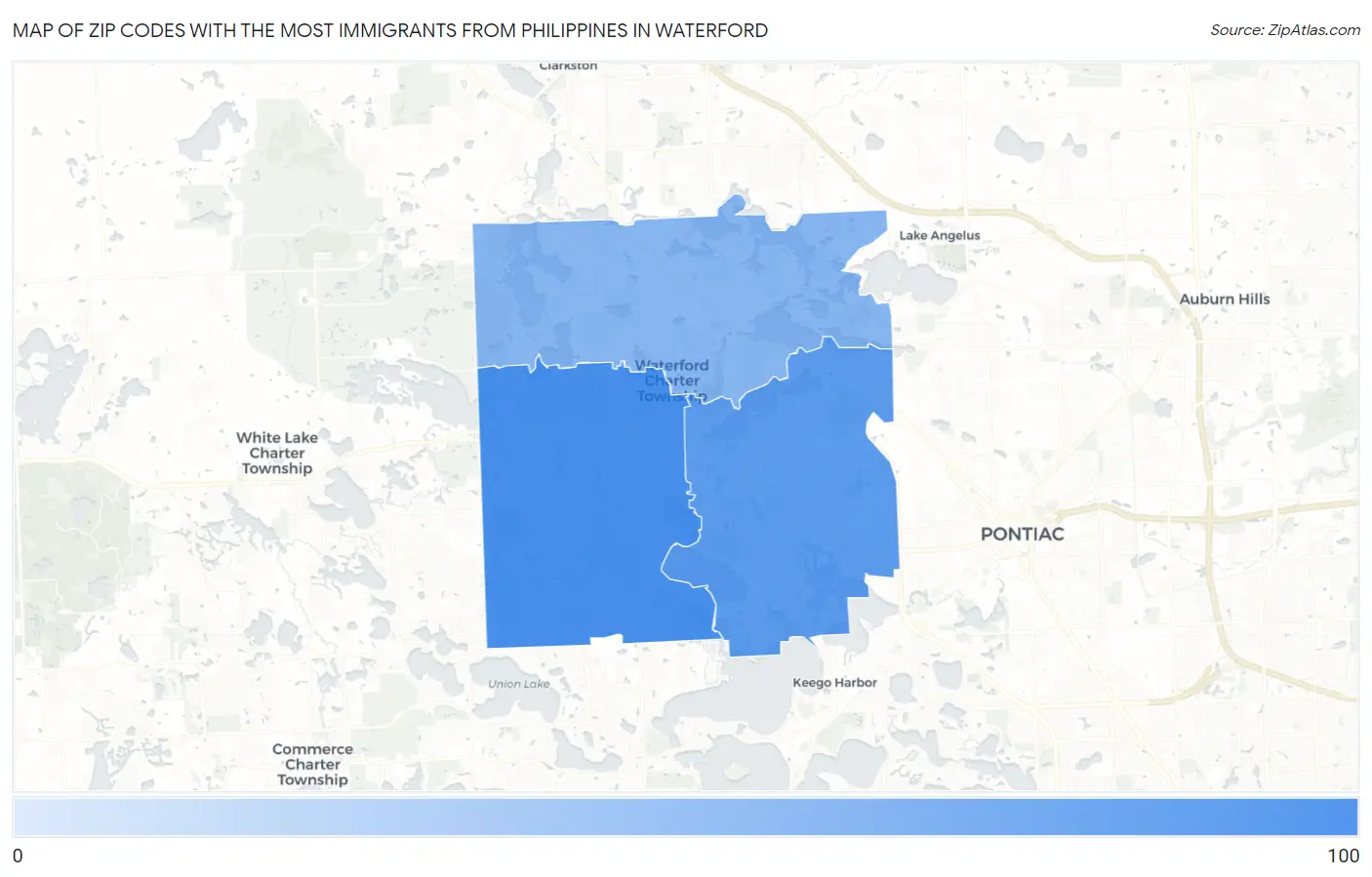 Zip Codes with the Most Immigrants from Philippines in Waterford Map