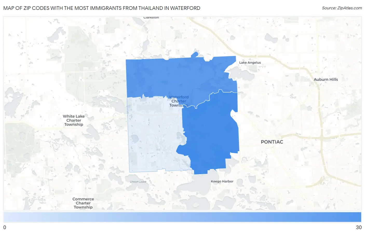 Zip Codes with the Most Immigrants from Thailand in Waterford Map